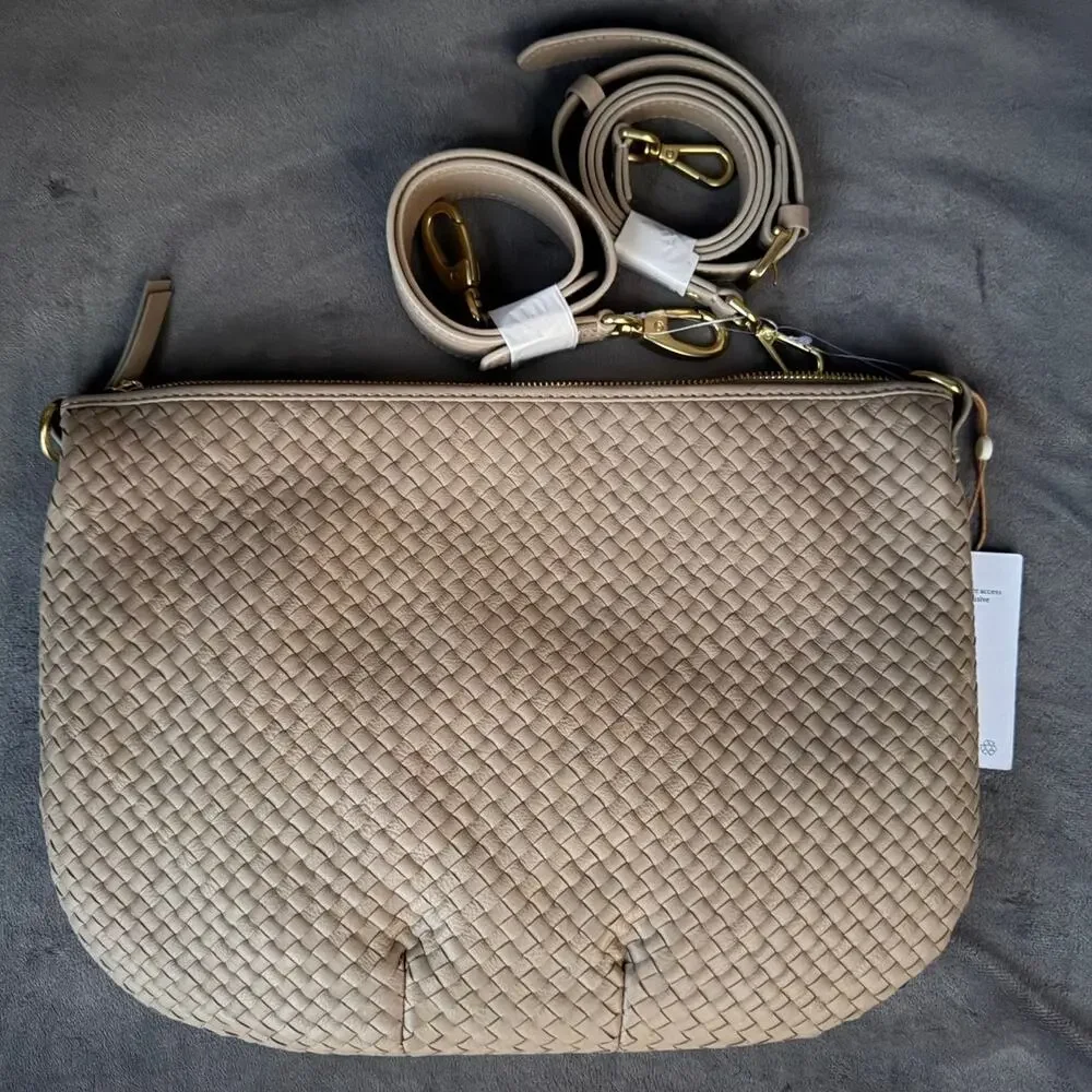 Quince Italian Leather Convertible Crescent Handwoven Shoulder Bag Taupe NWT